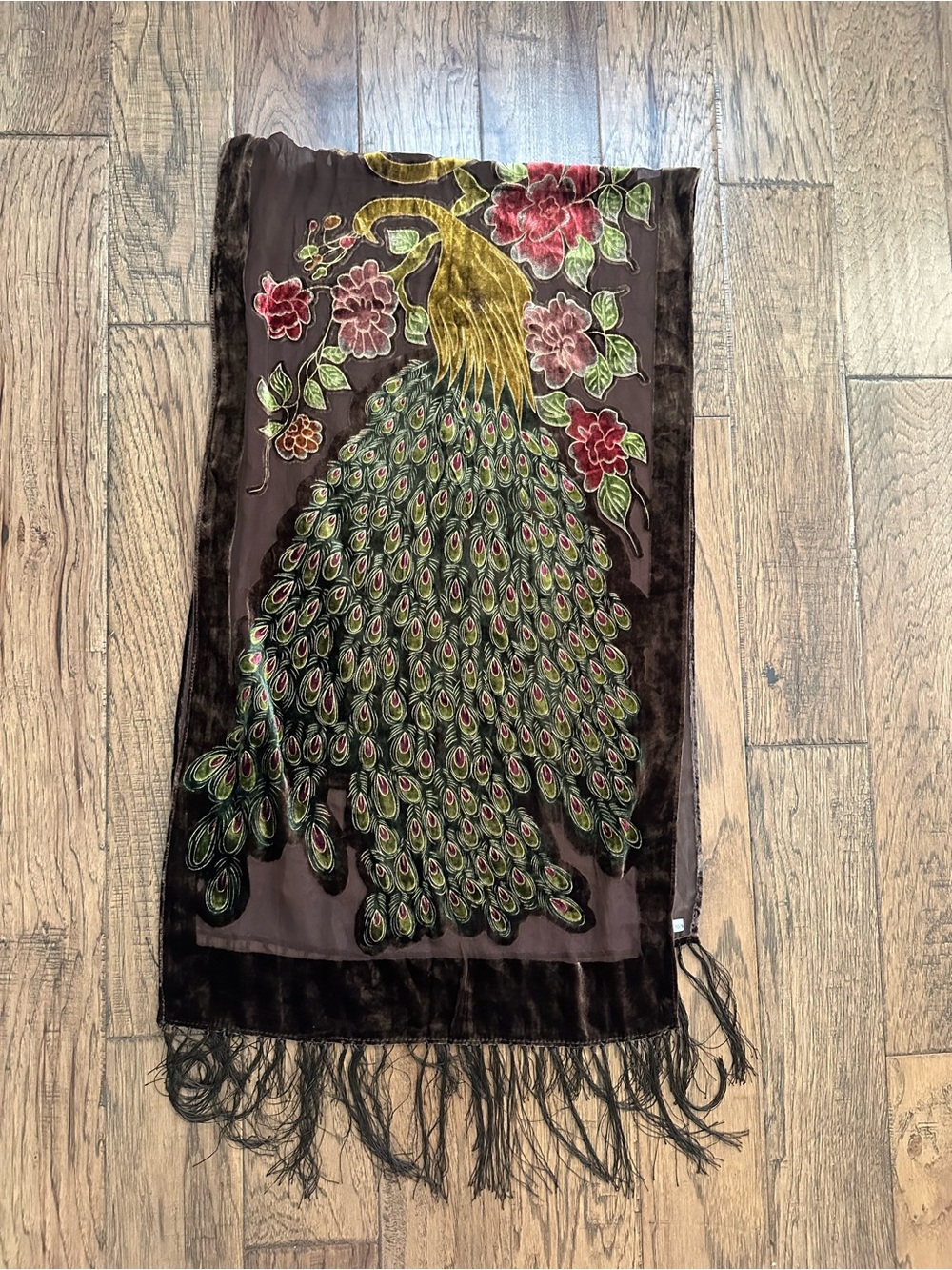 100% Silk Wrap, Brown, Peacock, Unique!
